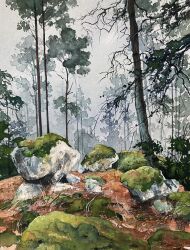  boulder commentary english_commentary fog forest highres kate_avery moss nature no_humans oil_painting_(medium) original outdoors overcast painting_(medium) scenery sky sweden traditional_media tree 