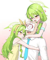  1boy 2girls :d :o \||/ bald bare_shoulders blue_archive blue_necktie blue_nightgown blue_pajamas blush bow chemise collared_shirt commentary doodle_sensei_(blue_archive) dress_shirt fang frilled_chemise girl_sandwich gradient_background green_hair green_halo grey_scrunchie hair_bow hair_ornament hair_scrunchie hairband halo heart highres hikari_(blue_archive) hikari_(kujibikido)_(blue_archive) hug hug_from_behind long_hair long_sleeves looking_at_another looking_down low_side_ponytail multiple_girls necktie nightgown nozomi_(blue_archive) nozomi_(kujibikido)_(blue_archive) official_alternate_costume official_alternate_hairstyle open_mouth orange_bow orange_hairband pajamas paper_on_head pink_background pointy_ears polka_dot polka_dot_bow polka_dot_hairband sandwiched scrunchie sensei_(blue_archive) shirt siblings side_ponytail sidelocks simple_background sisters smile strap_slip sweatdrop teeth thick_eyebrows tsurime twins upper_teeth_only v-shaped_eyebrows very_long_hair wavy_hair white_background white_shirt yellow_chemise yellow_eyes zaxwu 