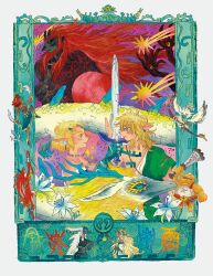  5boys archaic_set_(zelda) bird_boy black_eyes blonde_hair border commentary english_commentary eye_contact floating_hair flower furry furry_male ganondorf gerudo goron highres holding holding_weapon jewelry light_dragon_(zelda) link looking_at_another mechanical_arms monster multiple_boys necklace pointy_ears princess_zelda profile rauru_(tears_of_the_kingdom) red_hair riju rito shooting_star short_hair sidon silent_princess single_mechanical_arm sonia_(zelda) sword the_legend_of_zelda the_legend_of_zelda:_tears_of_the_kingdom tulin_(zelda) ufotomorrow very_long_ears weapon white_border white_flower white_hair yunobo zonai 