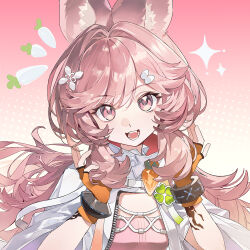  1girl :d absurdres ahoge animal_ear_fluff animal_ears arknights bracelet carrot chinese_commentary commentary_request fingerless_gloves gloves hair_between_eyes hands_in_own_hair hands_up highres infection_monitor_(arknights) jewelry long_hair looking_at_viewer lushi_jin_up material_growth open_mouth orange_gloves oripathy_lesion_(arknights) pink_background pink_eyes pink_hair rabbit_ears rabbit_girl smile solo sparkle thumpy_(arknights) upper_body 