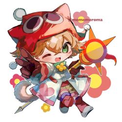  1girl :d ;d amitie_(puyopuyo) animal_ear_headwear black_gloves blonde_hair boots chibi chibi_only coat commentary flower gloves green_eyes hat hat_with_ears heart highres holding holding_staff looking_at_viewer merumerumerume one_eye_closed open_mouth outstretched_arm pom_pom_hat_ornament purple_thighhighs puyopuyo puyopuyo_20th_anniversary red_amitie red_boots red_flower red_hat shorts simple_background smile solo staff thigh-highs thigh_boots twitter_username v white_background white_coat yellow_shorts 