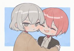  1boy 1girl black_cardigan blue_background blush border brown_cardigan cardigan cheek-to-cheek commentary_request flying_sweatdrops hand_on_another's_arm heads_together hn_(168x165_jj) jack_jeanne looking_at_viewer nose_blush open_cardigan open_clothes outside_border shirota_mitsuki short_hair simple_background sparkle tachibana_kisa white_border 