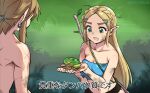  1boy 1girl animal bandeau blonde_hair blue_bandeau branch breasts commentary_request cross_scar dirty dirty_clothes dirty_face frog green_eyes hair_ornament hairclip holding holding_animal lake light_brown_hair link low_ponytail medium_breasts midriff monbetsu_kuniharu navel open_mouth pointy_ears princess_zelda scar sidelocks smile subtitled the_legend_of_zelda the_legend_of_zelda:_breath_of_the_wild torn_clothes translation_request twitter_username wetland 