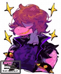  1girl alternate_hair_length_(shorter) alternate_hairstyle armlet artist_name black_jacket breasts brown_hair colored_skin colored_teeth commentary_request cropped_torso deltarune dotted_background furry furry_female grin hair_over_eyes jacket jewelry loose_hair_strand medium_breasts messy_hair pink_skin purple_shirt purple_trim repikinoko reptile_girl sharp_teeth shirt short_hair signature smile snout solo sparkle spiked_armlet susie_(dark_world)_(deltarune) susie_(deltarune) teeth torn_clothes torn_sleeves twitter_username utdr_(toby_fox) watermark white_background yellow_teeth 