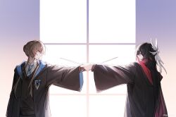  2girls black_hair black_sweater blue_eyes blue_necktie brown_hair columbina_(genshin_impact) feathered_wings from_side genshin_impact hair_wings hibioes highres holding holding_wand hood hood_down hooded_robe long_hair long_sidelocks long_sleeves looking_at_another multicolored_hair multiple_girls necktie open_clothes open_robe pink_hair pink_streaks red_eyes robe sandrone_(genshin_impact) sidelocks streaked_hair sweater upper_body wand white_wings wide_shot window wings 