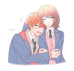  1boy 1girl akehoshi_subaru anzu_(ensemble_stars!) blazer blue_jacket blush brown_hair closed_eyes cropped_torso ensemble_stars! green_necktie hand_on_another's_head head_on_another's_shoulder hetero hug jacket jjora lapels medium_hair necktie notched_lapels open_mouth orange_hair parted_lips pink_sweater_vest school_uniform short_hair simple_background smile sweatdrop sweater_vest white_background yumenosaki_school_uniform 