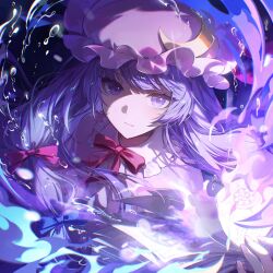 1girl bow bowtie closed_mouth commentary_request crescent crescent_hat_ornament dress hair_bow hat hat_ornament highres kyusoukyu long_hair looking_at_viewer magic mob_cap patchouli_knowledge pink_dress pink_hat purple_hair red_bow red_bowtie solo touhou upper_body violet_eyes water_drop 
