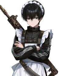  1boy apron black_eyes black_hair black_jacket closed_mouth crossdressing crossdressing_(mtf) crossed_arms crossed_bangs double_horizontal_stripe gun hair_between_eyes highres jacket long_sleeves looking_at_viewer maid maid_headdress male_focus male_maid onmoynn original short_hair simple_background solo track_jacket upper_body vertical-striped_sleeves weapon weapon_on_back white_apron white_background 