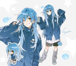  1other black_shorts blue_hair blue_jacket chibi chibi_inset closed_mouth grey_leg_warmers grin hair_between_eyes hair_ornament hairclip high_collar jacket leg_warmers long_hair looking_at_viewer multiple_views one_eye_closed other_focus rimuru_tempest rimuru_tempest_(slime) shoes shorts simple_background single_hair_intake sleeves_past_fingers sleeves_past_wrists slime_(creature) smile sneakers tempestkuma tensei_shitara_slime_datta_ken v white_background yellow_eyes 