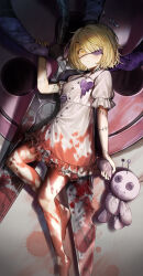  1girl absurdres blonde_hair blood blood_on_clothes blood_on_feet breasts buttons don_quixote_(project_moon) dress e.g.o_(project_moon) eyepatch heart highres holding holding_scissors i'll_go_fer_scissors._how_'bout_you?_(e.g.o) large_buttons limbus_company nail_in_head patchwork_clothes pin project_moon scissors short_hair solo stitched_arm stitches voodoo_doll white_dress xliliumlily yellow_eyes 
