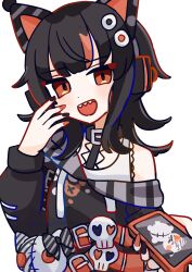  1girl :d absurdres ahoge animal_ear_headphones animal_ears arm_belt asymmetrical_sleeves bare_shoulders belt belt_collar black_choker black_hair black_nails black_sweater cat_ear_headphones cat_ears cellphone choker collar commentary_request cross-laced_clothes cross-laced_dress dot_nose eyeball_hair_ornament fake_animal_ears headphones highres holding holding_phone long_sleeves looking_at_viewer manosaka665 multicolored_hair nail_polish off-shoulder_sweater off_shoulder open_mouth orange_eyes orange_nails orange_streaks phone sawatari_coco sharp_teeth shirt short_hair simple_background single_bare_shoulder skirt skirt_under_dress skull sleeveless sleeveless_shirt smartphone smile solo streaked_hair striped_sleeves stuffed_animal stuffed_cat stuffed_toy sweater teeth upper_body white_background white_shirt white_skirt 