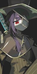  10rigar 1girl black_hair buttons half_mask hat haute_couture::le_noir_footwear_hall_(identity)_(project_moon) highres limbus_company long_hair looking_at_viewer mask mouth_mask one_eye_covered project_moon red_eyes ryoshu_(project_moon) simple_background solo suit sword sword_on_back weapon weapon_on_back 