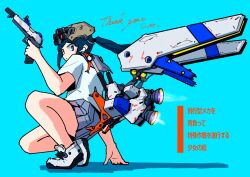  1girl absurdres aqua_background assault_visor black_hair commentary_request cyborg finger_on_trigger full_body gun handgun highres holding holding_gun holding_weapon jetpack long_hair mechanical_wings optical_sight original shirt short_sleeves solo squatting suppressor thrusters weapon white_shirt wings yamanozakura 
