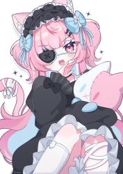  1girl :3 :d absurdres animal_ear_fluff animal_ears black_bow blue_bow blunt_bangs blush bow cat_ears cat_girl cat_tail commentary_request dress eyepatch feet_out_of_frame frilled_dress frilled_hairband frills hair_bow hairband hand_up highres indie_virtual_youtuber long_hair long_sleeves looking_at_viewer mogyiu open_mouth pink_eyes pink_hair simple_background sitting sleeve_bow smile socks solo sparkle tail two_side_up virtual_youtuber white_background white_socks yuuki_sakuna 