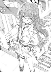  1girl absurdres belt blue_archive boots closed_mouth feet_out_of_frame glass gloves half_gloves halo highres holster lightningace long_hair looking_at_viewer military military_vehicle monochrome motor_vehicle necktie panzer_iv shirt shouko_(blue_archive) skirt solo standing tank thigh_holster tiger_i watch 