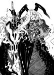  1girl armor black_armor black_bodysuit black_horns blonde_hair bodysuit cape dragon_horns facial_mark fate/grand_order fate_(series) flaming_sword flaming_weapon fur-trimmed_cape fur_trim furauji gloves greyscale hair_over_one_eye holding holding_sword holding_weapon horns long_hair looking_at_viewer monochrome nero_claudius_(fate) pointy_ears queen_draco_(fate) queen_draco_(third_ascension)_(fate) scales shoulder_plates solo sword wavy_hair weapon white_background 