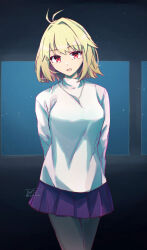 1girl absurdres antenna_hair arcueid_brunestud arms_behind_back black_pantyhose blonde_hair blue_skirt breasts commentary_request cowboy_shot hair_between_eyes highres jewelry looking_at_viewer miniskirt necklace open_mouth pantyhose plaid_clothes plaid_skirt red_eyes short_hair sidelocks single_hair_intake skirt smile solo sweater tam002 tsukihime tsukihime_(remake) turtleneck turtleneck_sweater 