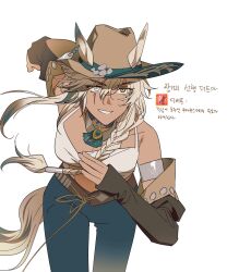  1girl animal_ears argus_(reverse:1999) bare_shoulders blonde_hair braid brown_choker brown_hat brown_sleeves choker cowboy_hat dark-skinned_female dark_skin detached_sleeves green_pants grey_eyes hat heterochromia highres horse_ears horse_girl horse_tail k1ngcra3 long_hair pants peacock_feathers reverse:1999 scar scar_across_eye scar_on_face single_braid solo tail tank_top umafication very_long_braid white_tank_top yellow_eyes 