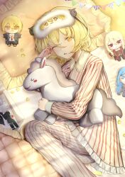  1girl absurdres angelica_(project_moon) babydoll bari_(project_moon) bed blonde_hair commentary_request don_quixote_(project_moon) fluffy_clothes highres la_manchaland's_don_quixote_(project_moon) library_of_ruina limbus_company nightgown nightshirt on_bed pajamas pillow project_moon shirt short_hair sleepwear waking_up white_nightgown white_pajamas xliliumlily yellow_eyes 