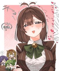  2boys 2girls :d ahoge ahoge_wag blue_eyes blush bow bowtie breasts brown_hair brown_jacket chibi chibi_inset coat collared_shirt commentary_request dress_shirt drooling embarrassed expressive_hair green_bow green_bowtie green_hair hairband half-closed_eyes heart highres hod_(project_moon) jacket lapels large_breasts library_of_ruina long_hair long_sleeves malkuth_(project_moon) medium_hair mouth_drool multiple_boys multiple_girls netzach_(project_moon) open_mouth project_moon purple_hair q38jkwbeuo7116 red_hairband shirt smile sweat sweatdrop tented_shirt v white_shirt yesod_(project_moon) 