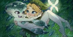  1boy 2girls air_bubble arm_fins blonde_hair blue_eyes blue_skin bubble chunky_(chunkeeh) colored_skin fairy fins fish fish_girl glowing green_hat green_tunic hat highres holding_breath hug link multiple_girls navi pointy_ears princess_ruto sharp_teeth teeth the_legend_of_zelda the_legend_of_zelda:_ocarina_of_time the_legend_of_zelda:_ocarina_of_time_(remake) tunic underwater violet_eyes young_link young_princess_ruto zora 