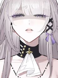  1girl black_choker carrot_011 choker close-up grey_hair herta_(honkai:_star_rail) highres honkai:_star_rail honkai_(series) long_hair looking_at_viewer narrowed_eyes solo the_herta_(honkai:_star_rail) violet_eyes 
