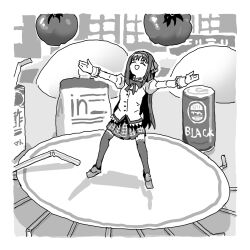 1girl :d ^_^ akemi_homura annotated border bow closed_eyes dot_nose drinking_straw full_body greyscale hair_bow hairband hellfire00001 highres juice leaning_back long_sleeves mahou_shoujo_madoka_magica mahou_shoujo_madoka_magica:_walpurgis_no_kaiten miniature mitakihara_school_uniform monochrome outstretched_arms plate school_uniform smile solo thighhighs tomato tomato_juice tully's_coffee weider_in_jelly white_border