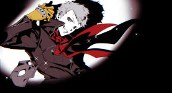  1boy cowboy_shot doran_(doran7280) gloves greyscale grin highres looking_at_viewer mask megami_tensei monochrome official_alternate_costume persona persona_5 red_scarf sakamoto_ryuji scarf short_hair silhouette simple_background skull_(persona_5) smile solo spot_color spotlight unworn_mask white_background yellow_gloves 