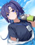  1girl ariko_youichi blue_archive blue_eyes blue_jacket blue_shirt blue_sky bottle commentary_request day dutch_angle gym_shirt gym_uniform holding holding_bottle id_card jacket jacket_partially_removed lanyard long_hair looking_at_viewer official_alternate_costume partially_unzipped purple_hair shirt side_ponytail sidelocks sky solo star_sticker sticker_on_face track_jacket upper_body water_bottle yuuka_(blue_archive) yuuka_(track)_(blue_archive) 
