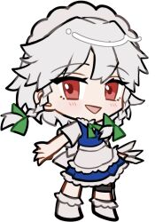  1girl :d apron blue_dress blush bow bowtie braid chibi chibi_only commentary_request double-parted_bangs dress embodiment_of_scarlet_devil embodiment_of_scarlet_devil_new_classic frilled_apron frilled_dress frills full_body green_bow green_bowtie hair_bow holding holding_knife izayoi_sakuya knife long_hair looking_at_viewer maid maid_headdress mirei_(miirei) no_shoes open_mouth red_eyes short_sleeves simple_background smile socks solo standing touhou transparent_background twin_braids waist_apron white_apron white_hair white_socks 