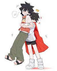  ! 2boys :o black_eyes black_hair black_shorts blush cape caught chinese_commentary chinese_text closed_eyes commentary_request crown embarrassed false_memory gold_crown green_pants grey_shirt guan_chao_(false_memory) halo high-visibility_clothing high-visibility_vest high_collar highres id_card laoshihao_wojiaoshuihu male_focus mini_crown multiple_boys open_mouth orange_vest pants protagonist_halo red_cape sandals shirt shoes short_hair short_sleeves shorts simple_background slides smile sneakers speech_bubble surprised sweatdrop tear_troughs translation_request vest white_background white_shirt white_shoes 