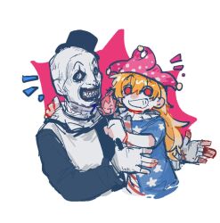  1boy 1girl american_flag american_flag_dress american_flag_print art_the_clown bald blonde_hair clown clownpiece crossover dress east-west_crossover fingerless_gloves flag_print gloves grin hat highres jester_cap l_fzxxxx long_hair long_sleeves looking_at_viewer neck_ruff pink_hat polka_dot_headwear red_eyes short_sleeves simple_background smile star_(symbol) star_print striped_clothes striped_dress terrifier_(movie) touhou white_background white_facepaint white_gloves 