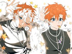 1boy akehoshi_subaru arm_up bead_necklace beads black_shirt blue_eyes blush_stickers commentary ensemble_stars! hair_between_eyes jewelry jjora korean_commentary looking_at_viewer male_focus multiple_necklaces multiple_rings multiple_views necklace official_alternate_costume official_alternate_hairstyle one_eye_closed orange_hair parted_bangs ring ring_necklace shirt short_hair simple_background single_blush_sticker sleeveless sleeveless_shirt speech_bubble star_(symbol) tongue tongue_out turtleneck turtleneck_shirt white_background 
