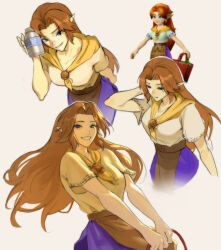  1girl aged_up blue_eyes bottle brown_hair dress highres light_smile lon_lon_milk long_hair malon milk_bottle pointy_ears scarf short_hair solo the_legend_of_zelda the_legend_of_zelda:_ocarina_of_time tommy_(kingdukeee) very_short_hair white_dress yellow_scarf 