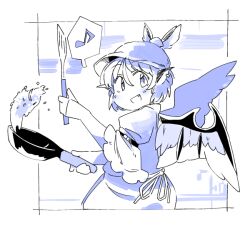  1girl :d animal_ears bird_ears bird_girl bird_wings blush commentary_request cowboy_shot fang frying_pan hair_between_eyes holding holding_frying_pan holding_spatula ini_(inunabe00) looking_at_viewer musical_note mystia_lorelei open_mouth short_hair short_sleeves smile solo spatula spoken_musical_note touhou winged_hat wings 