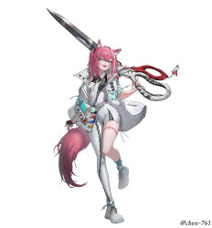  1girl absurdres animal_ear_fluff animal_ears asymmetrical_bodysuit black_gloves bodysuit breasts character_name chen()_761 chinese_commentary commentary_request criss-cross_strings cross-laced_clothes fingerless_gloves fox_ears fox_girl fox_tail full_body gloves green_eyes hair_ornament highres holding holding_scissors jacket leg_up looking_at_viewer medium_breasts open_clothes open_jacket open_mouth original scissors shoes simple_background single_fingerless_glove single_leg_bodysuit slit_pupils sneakers solo spool standing standing_on_one_leg stitches tail twintails white_background white_bodysuit white_jacket x_hair_ornament 