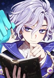  1boy absurdres ahoge artist_name ascot black_jacket blue_background blue_scarf book bright_pupils clenched_hand closed_mouth collared_jacket collared_shirt fingernails gem genshin_impact gradient_background hair_between_eyes half-closed_eyes hand_on_own_chin hands_up high_collar highres holding holding_book holding_quill jacket kiamonoii long_sleeves male_focus mitya_(genshin_impact) open_book open_clothes open_jacket purple_gem purple_hair purple_jacket quill russian_commentary scarf shirt short_hair smile solo sparkle sparkle_background two-sided_fabric two-sided_jacket two-tone_background upper_body violet_eyes wavy_hair white_ascot white_background white_pupils white_shirt yellow_gem 