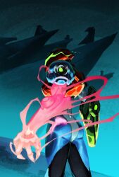  1girl absurdres arm_cannon armor assault_visor aura blue_bodysuit bodysuit energy_cannon energy_gun energy_weapon glowing glowing_eyes glowing_weapon green_assault_visor highres metroid metroid_ravenous mismatched_arms n_t_h1 power_armor power_suit_(metroid) samus_aran skin_tight solo weapon 