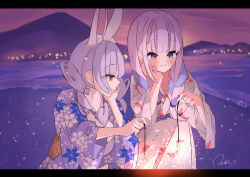  2girls animal_ear_fluff animal_ears animal_print blue_streaks braid commentary_request fireworks fish_print floral_print floral_print_kimono highres holding holding_fireworks hololive japanese_clothes kimono letterboxed long_hair low_twin_braids minato_aqua multicolored_hair multiple_girls orange_eyes pink_hair print_kimono purple_streaks rabbit_ears rabbit_girl reitou_mkn sakuramon senkou_hanabi sparkler squatting streaked_hair sunset twin_braids usada_pekora virtual_youtuber white_kimono white_streaks 