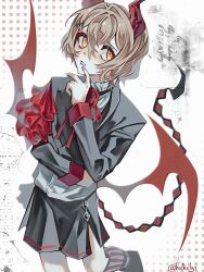  1boy artist_name black_jacket black_shorts blonde_hair demon_boy demon_horns demon_tail demon_wings feet_out_of_frame finger_to_mouth frilled_shirt frills highres holkxlytt horns jacket limbus_company looking_to_the_side low_wings male_focus neck_flower official_alternate_costume parted_lips project_moon shirt short_hair shorts sinclair_(project_moon) solo tail wings 