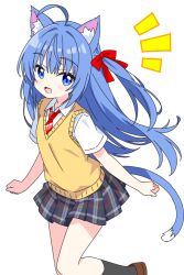  1girl :d ahoge animal_ear_fluff animal_ears black_socks blue-haired_cat_girl_(kotatsu-mazoku) blue_eyes blue_hair blue_skirt blush bow brown_shoes cat_ears cat_girl cat_tail collared_shirt commentary_request cowboy_shot dot_nose hair_bow hair_intakes highres kotatsu-mazoku long_hair looking_at_viewer miniskirt necktie notice_lines one_side_up open_mouth original plaid_clothes plaid_skirt pleated_skirt red_bow red_necktie school_uniform shirt shoes short_sleeves sidelocks simple_background skirt smile socks solo standing standing_on_one_leg striped_clothes striped_necktie sweater_vest tail white_background white_shirt yellow_sweater_vest 
