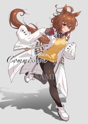  1girl absurdres agnes_tachyon_(tach-nology)_(umamusume) agnes_tachyon_(umamusume) ahoge animal_ears black_necktie black_pantyhose blush breasts brown_hair chemical_structure coat cork earrings hair_between_eyes highres horse_ears horse_girl horse_tail jewelry lab_coat long_sleeves nanaken_(qijian23092715) necktie pantyhose parted_lips red_eyes running shirt shoes short_necktie single_earring sleeves_past_fingers sleeves_past_wrists smile solo sweater sweater_vest tail test_tube umamusume white_coat white_shoes wolf_cut yellow_sweater yellow_sweater_vest 