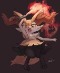  1girl animal_ear_fluff animal_ears animal_feet animal_hands animal_nose arm_up artist_name black_background black_fur blush body_fur braixen commentary_request derivative_work fang fire flat_chest fox_ears fox_girl fox_tail full_body furry furry_female happy highres holding holding_stick ikei knees_together_feet_apart legs light_blush looking_at_viewer multicolored_fur neck_fur open_mouth pigeon-toed pokemon pokemon_(creature) pyrokinesis red_eyes signature simple_background smile solo standing stick tail thighs tongue v-shaped_eyebrows white_fur yellow_fur 