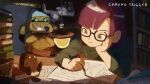  1girl book chrono_trigger closed_mouth copyright_name cup glasses kebe6p lucca_ashtear paper pencil purple_hair robo_(chrono_trigger) robot short_hair sitting smile table writing 