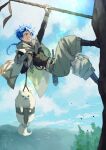  1boy animal blue_hair blue_sky bodysuit bodysuit_under_clothes bracelet braid braided_ponytail capelet child climbing clothing_cutout cu_chulainn_(fate) dagger dog earrings fate/grand_order fate_(series) highres holding holding_polearm holding_weapon hood hooded_capelet jewelry knife long_hair looking_ahead looking_at_viewer male_child male_focus mountain_climbing muscular muscular_child outdoors polearm puffy_pants puppy red_eyes samoyed_(dog) setanta_(fate) sheath sheathed sky solo teria_(teriarian) thigh_cutout weapon white_dog 