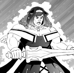  1girl absurdres bang_dream! bang_dream!_yumemita bare_shoulders dress feathered_wings fuji_miyako greyscale hairband highres holding holding_sword holding_weapon manlification masters_of_the_universe mini_wings monochrome muscular muscular_female off-shoulder_dress off_shoulder open_mouth solo somechime_(sometime1209) star_(symbol) sword veil weapon wings 