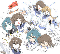 1girl 3_ma_me 3boys :d :o black_jacket blonde_hair blue_eyes blue_gloves blue_hair blush_stickers book breasts brother_and_sister brown_hair closed_eyes closed_mouth doodle_inset duel_academy_uniform_(yu-gi-oh!_gx) fingerless_gloves gloves hair_between_eyes holding holding_pen jacket large_breasts long_hair long_sleeves looking_at_viewer manjoume_jun marufuji_ryo multiple_boys multiple_views open_book open_mouth pen shirt siblings sleeveless sleeveless_shirt smile tenjouin_asuka tenjouin_fubuki translation_request v white_background white_jacket white_shirt writing yu-gi-oh! yu-gi-oh!_gx 