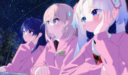  3girls aqua_eyes blonde_hair bloom_garden_party_jacket blue_eyes blue_hair blush brown_dress chromatic_aberration commentary_request dress flower gradient_hair hair_flower hair_ornament half_updo hasu_no_sanrenka hasu_no_sora_school_uniform highres hinoshita_kaho hood hood_down hooded_jacket jacket long_hair long_sleeves love_live! love_live!_hasu_no_sora_jogakuin_school_idol_club love_live!_hasu_no_sora_jogakuin_school_idol_club_bloom_garden_party medium_hair multicolored_hair multiple_girls murano_sayaka neckerchief night osawa_rurino outdoors parted_bangs pink_flower pink_jacket rabbit_hair_ornament red_neckerchief reitou_mkn sailor_collar sailor_dress school_uniform signature sky star_(sky) starry_sky twintails two_side_up virtual_youtuber white_sailor_collar winter_uniform 