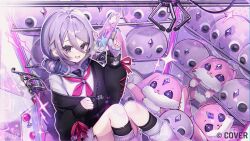  1girl :d black_cardigan cardigan commentary english_commentary geow_(koseki_bijou) guest_art gun hair_between_eyes hair_rings handgun holding holding_gun holding_weapon hololive hololive_english in_crane_game jewel_under_eye knees_together_feet_apart koseki_bijou koseki_bijou_(serafuku) long_hair_between_eyes looking_at_viewer medium_hair metal_wings neckerchief official_alternate_costume official_alternate_hairstyle open_mouth pebble_(koseki_bijou) purple_hair purple_neckerchief school_uniform serafuku shirt single_off_shoulder sitting smile solo tactoki violet_eyes virtual_youtuber weapon white_shirt 