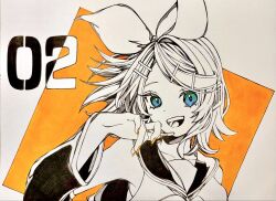  1girl blue_eyes bow breasts commentary_request detached_sleeves green_eyes hair_bow hair_ornament hairclip hatching_(texture) headphones headset highres kagamine_rin limited_palette linear_hatching looking_at_viewer monochrome multicolored_eyes nosiko3210 open_mouth parallel_hairclips shirt short_hair sleeveless sleeveless_shirt small_breasts spot_color teeth two-tone_eyes upper_body upper_teeth_only vocaloid yellow_nails 